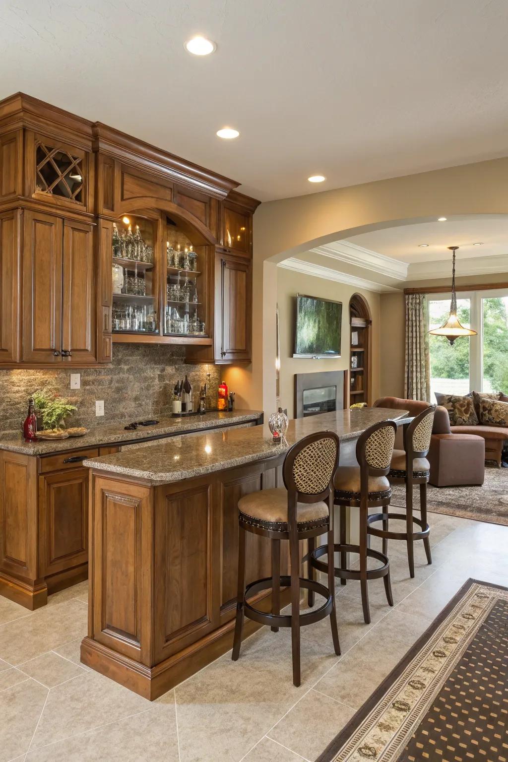 The bar acts as a bridge between the kitchen and living room, enhancing home flow.