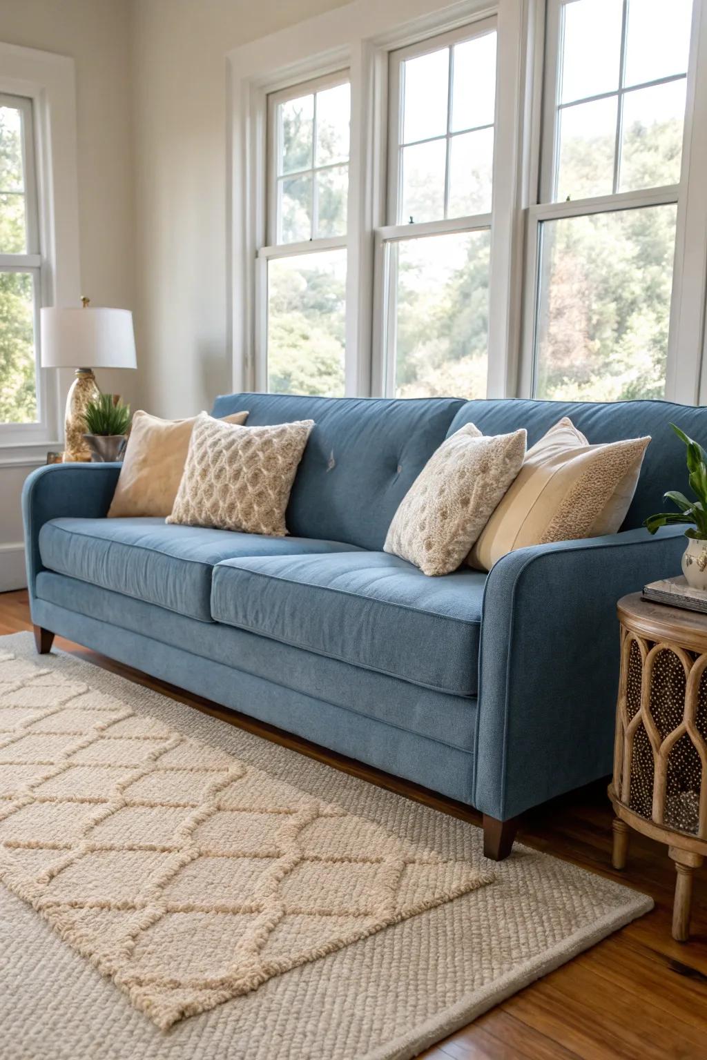 A blue couch paired with neutral tones creates a serene and elegant space.