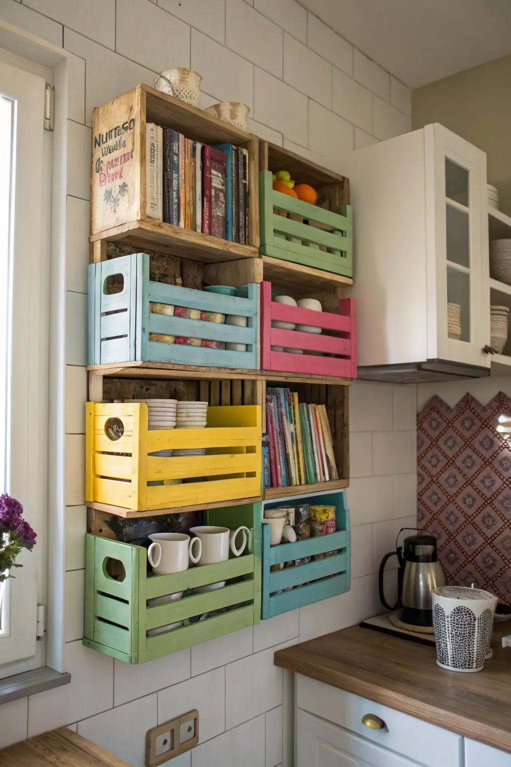 Transform fruit crates into charming kitchen shelves.