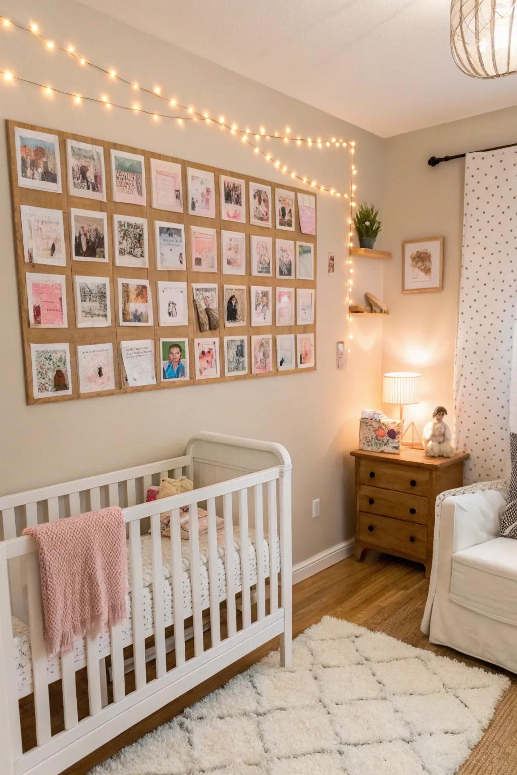 A nostalgic Polaroid display adds timeless charm to your baby's room.