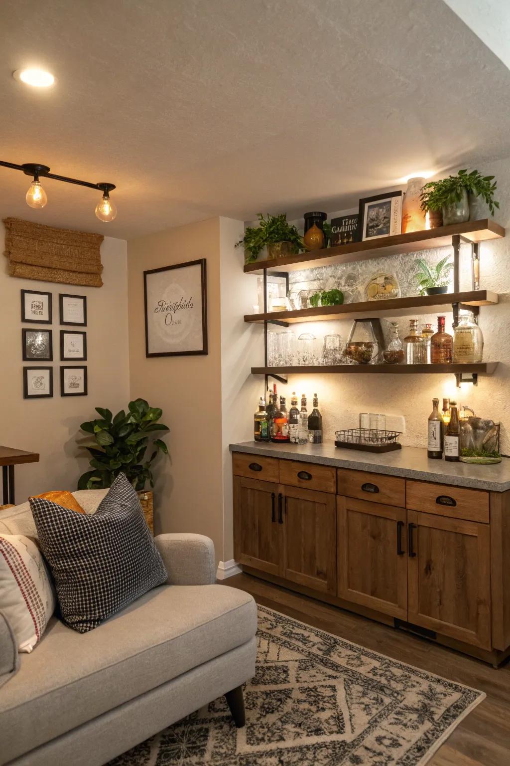 A corner nook transformed into a cozy home bar with floating shelves.