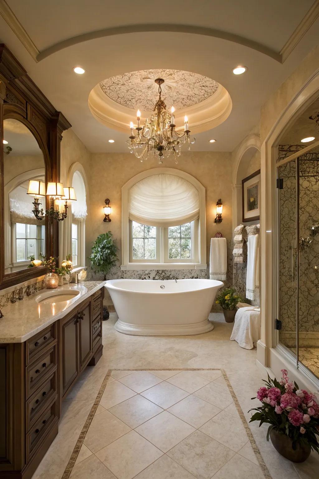 A freestanding tub serves as a stunning centerpiece in this spacious master bathroom.