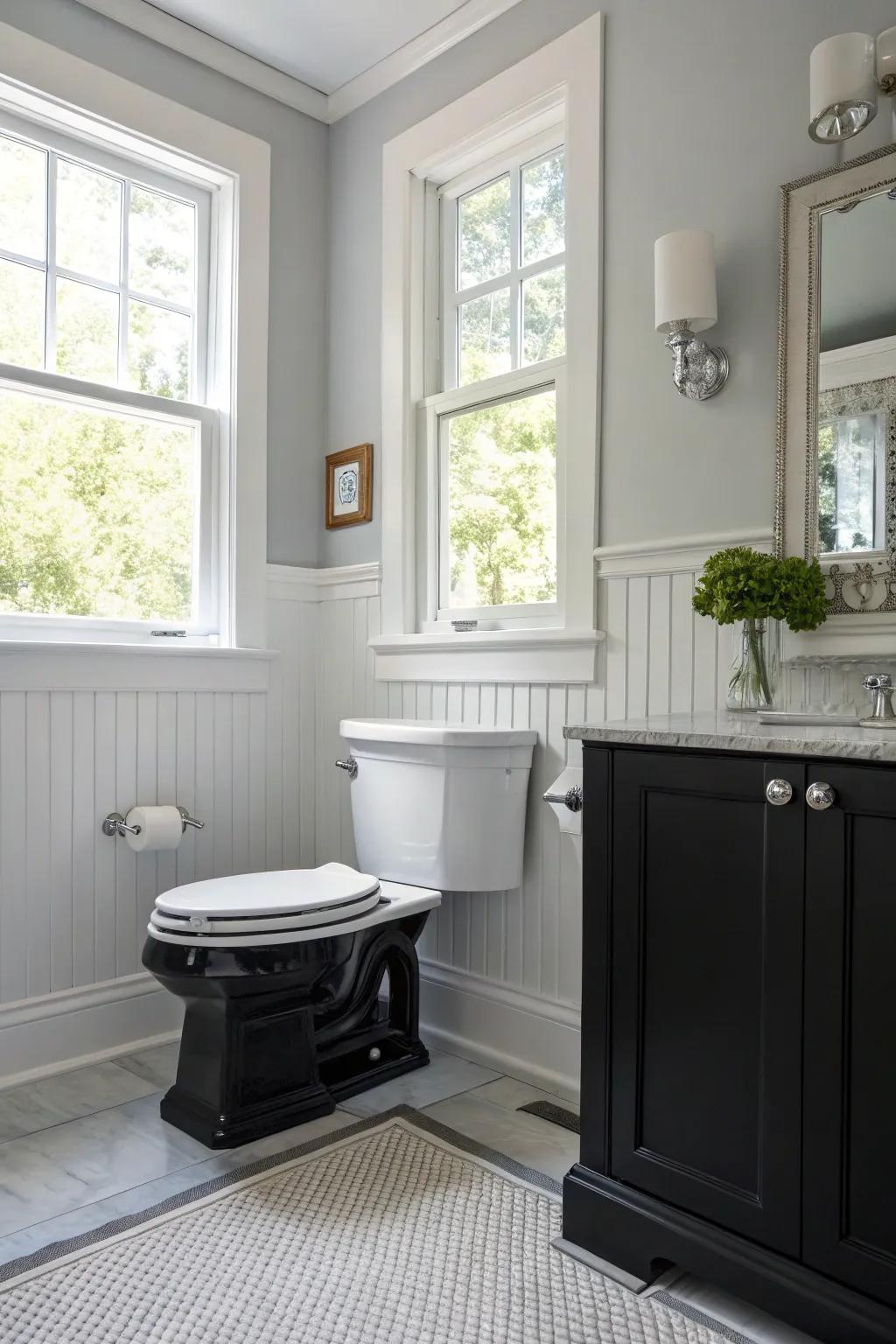 A striking contrast of black and light gray creates a modern bathroom aesthetic.