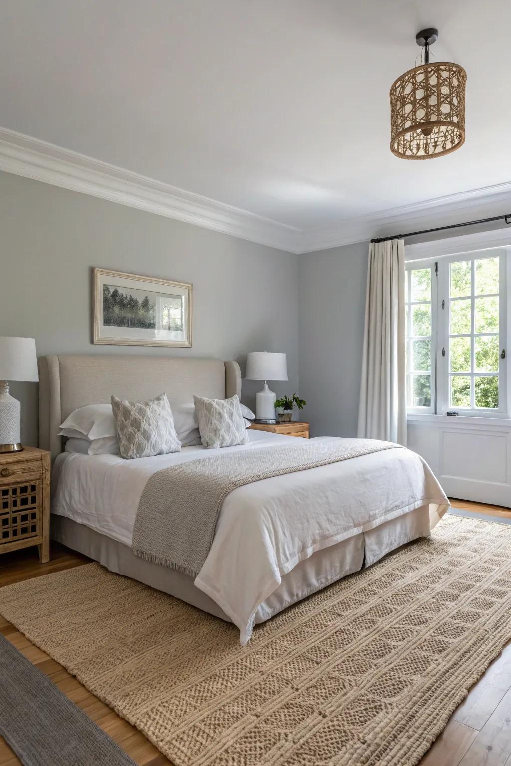 Neutral tones in a bedroom create a peaceful and calming atmosphere.