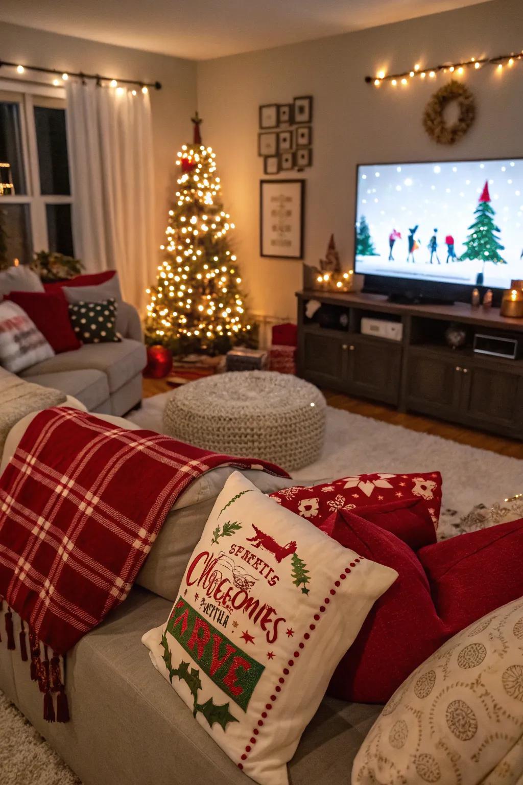 Create a cozy movie atmosphere with themed pillows and festive decor.