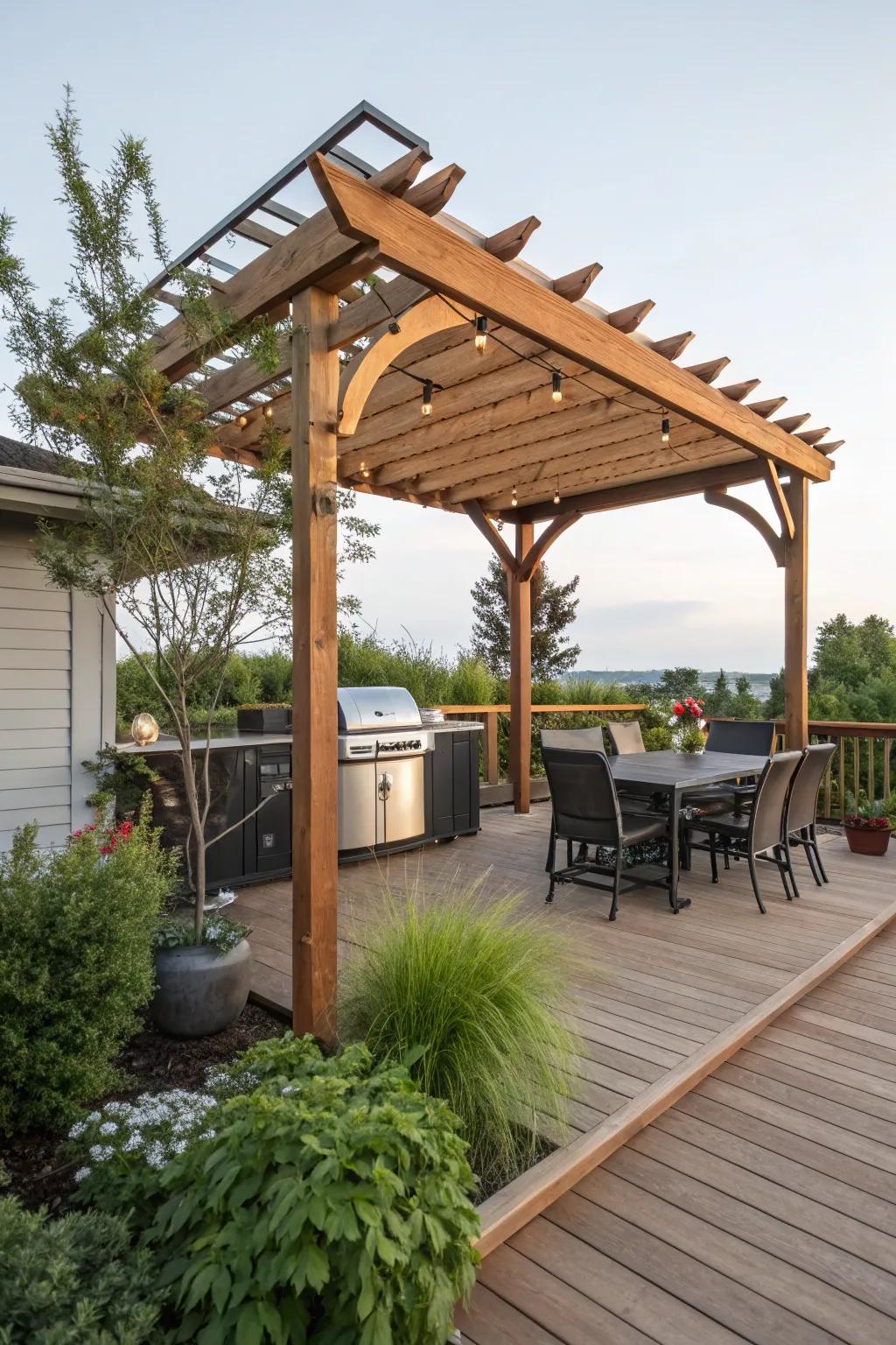 A pergola with a retractable canopy provides versatile shade for your grill area.