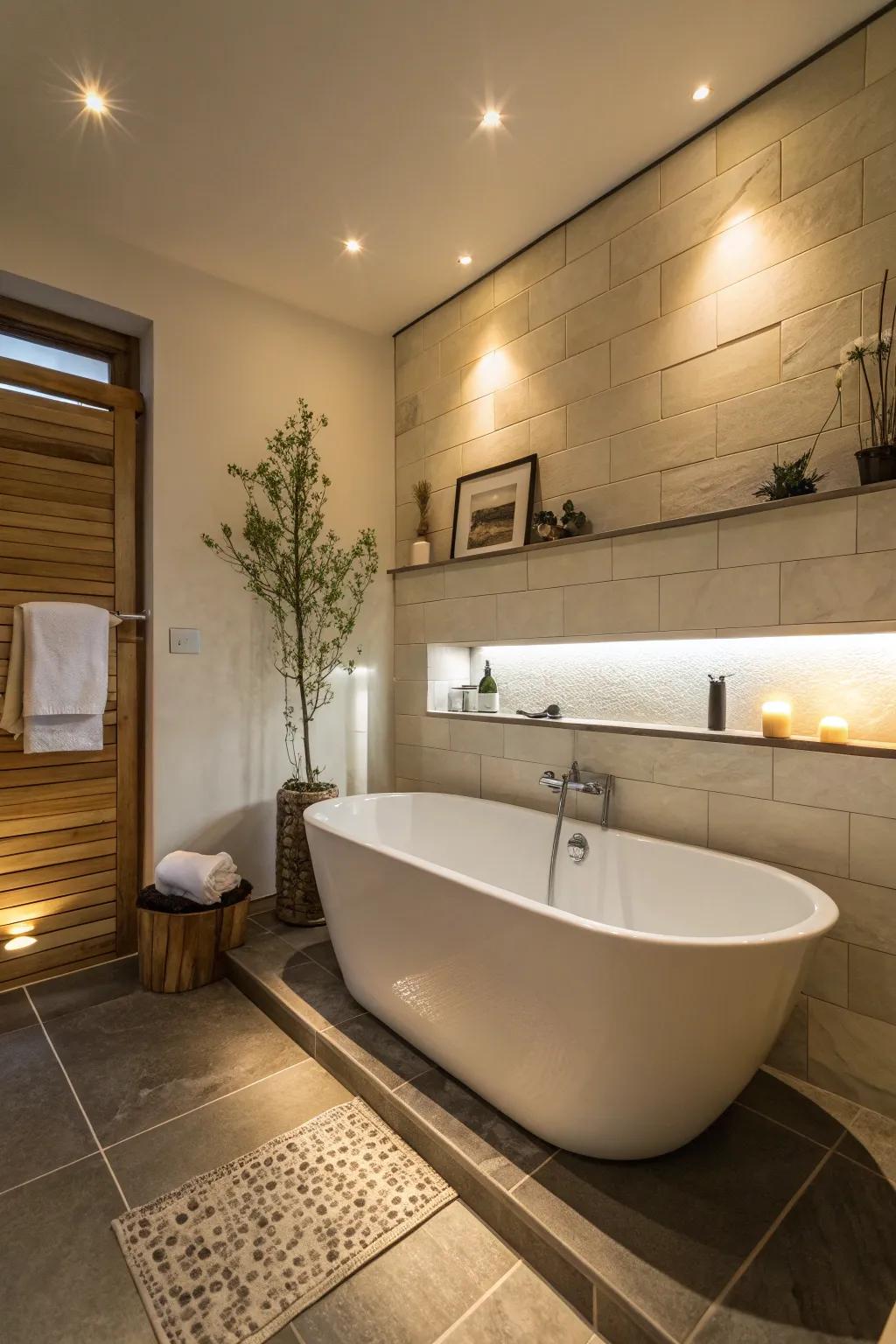 A deep soaking tub providing a serene escape in a minimalist bathroom setting.