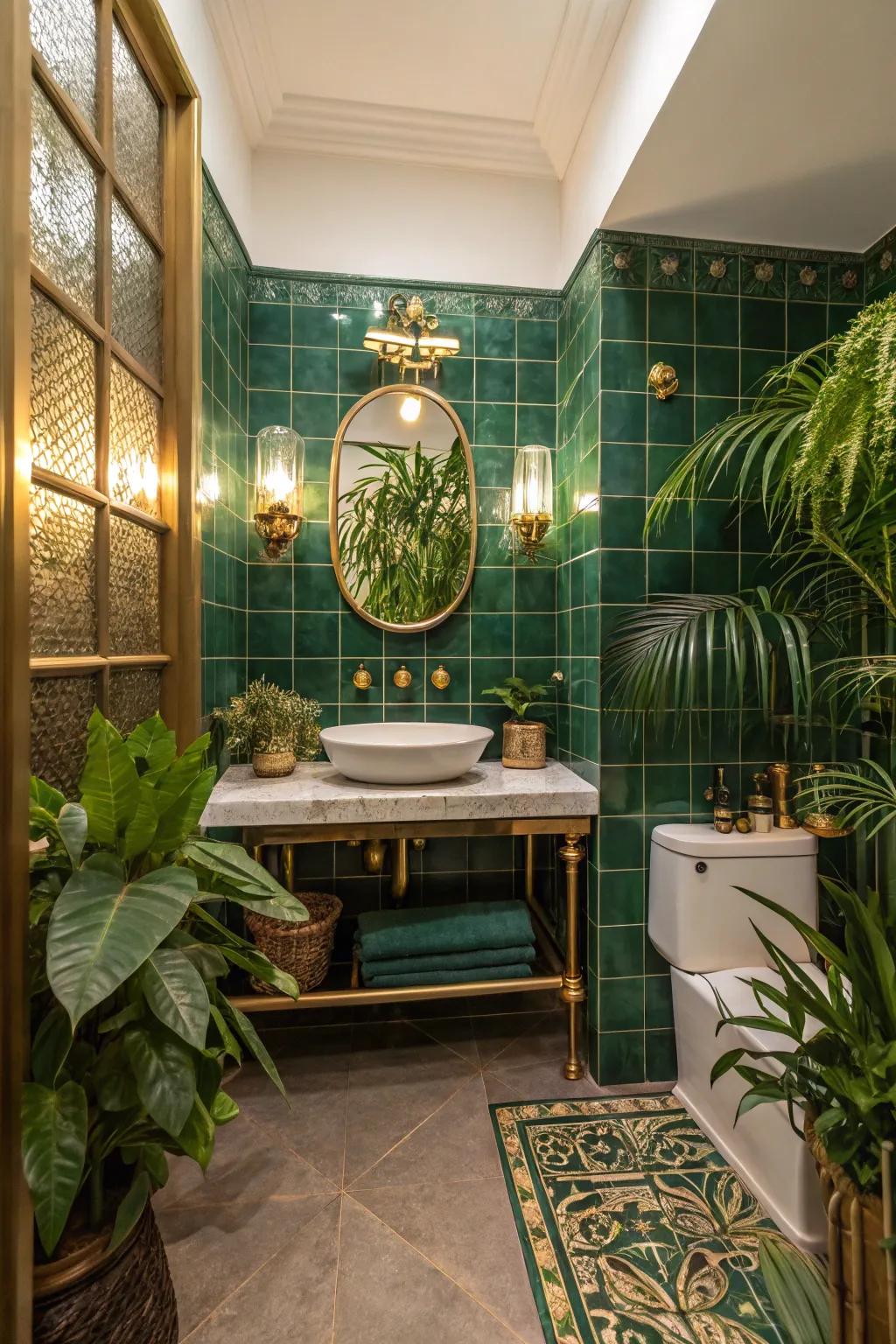 Emerald green tiles paired with gold fixtures create a luxurious ambiance.