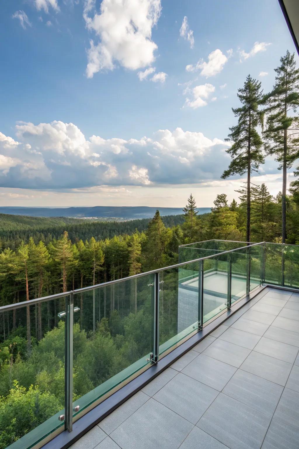 Glass railings on a high deck offering uninterrupted views of nature.