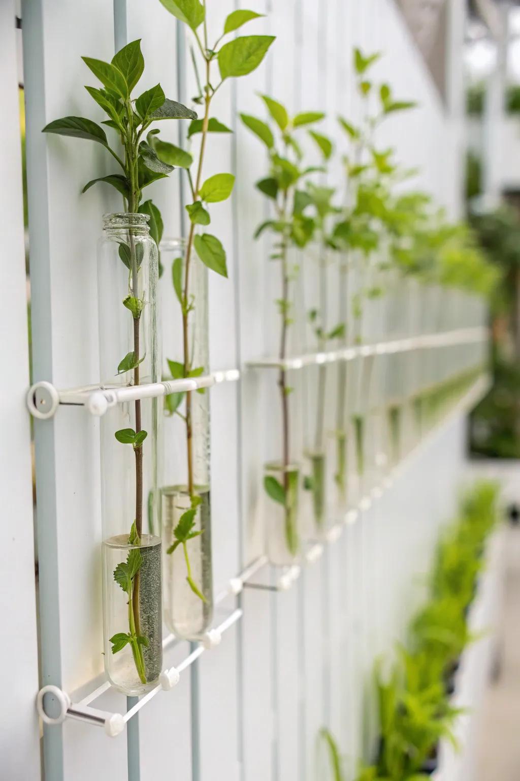 Minimalist propagation wall with glass tubes for a clean, modern look.