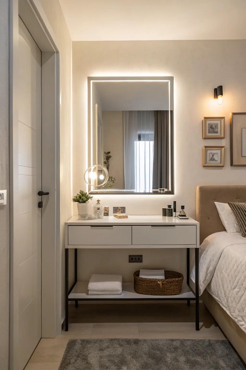 A sleek wall-mounted vanity maximizing floor space.