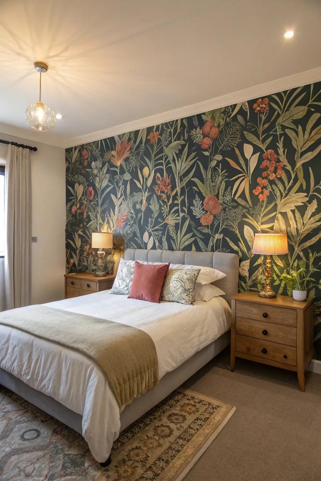 A botanical wallpaper accent wall can transform a simple bedroom into a vibrant retreat.