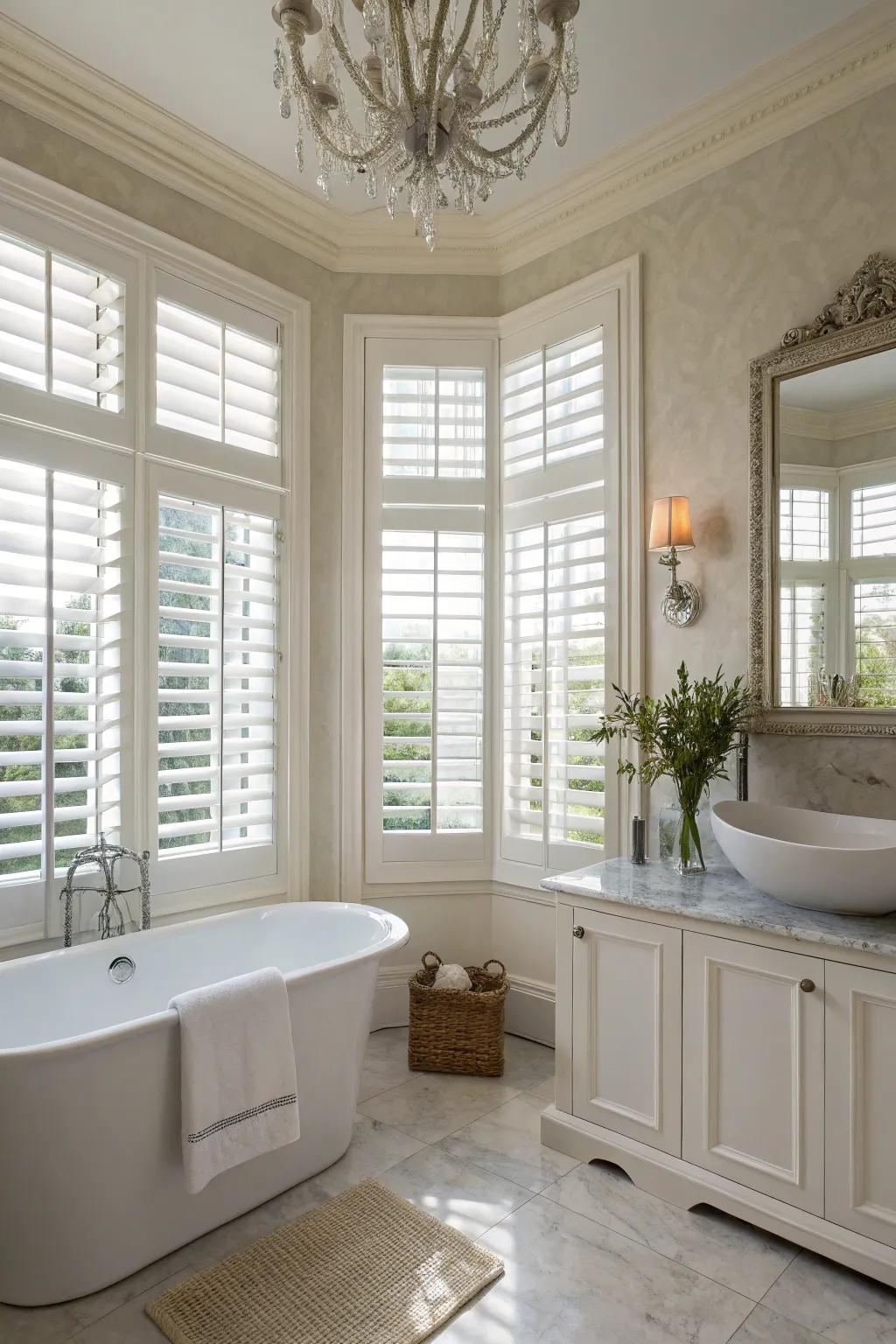 Classic plantation shutters bring a touch of timeless elegance to any bathroom space.