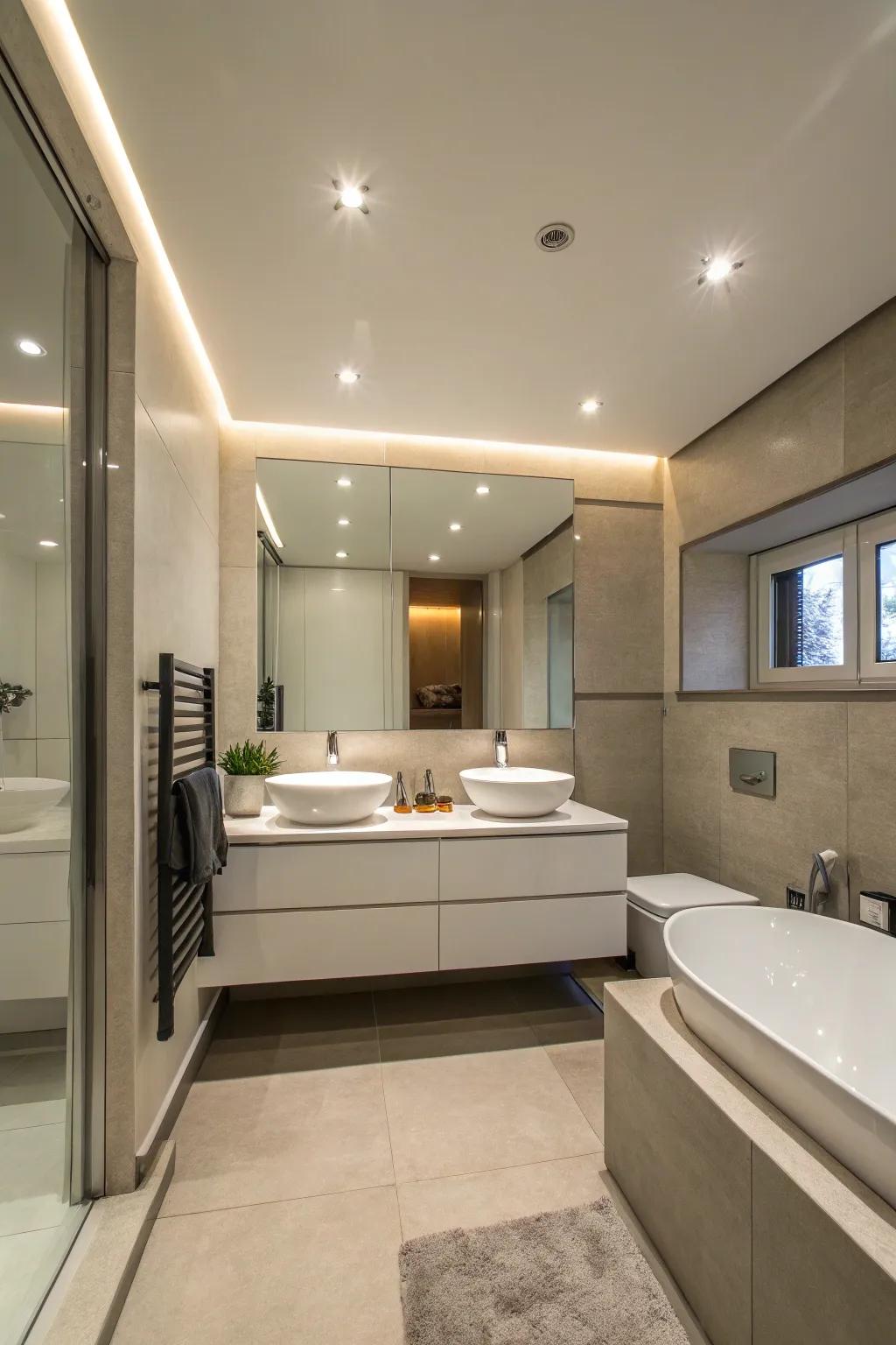 Recessed lighting can add a modern touch to bathroom soffits.