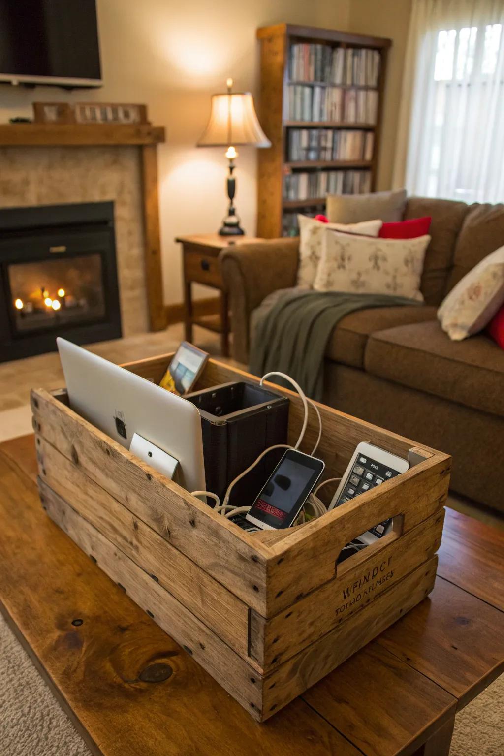 A rustic wooden crate makes a perfect battery box with a charming appeal.