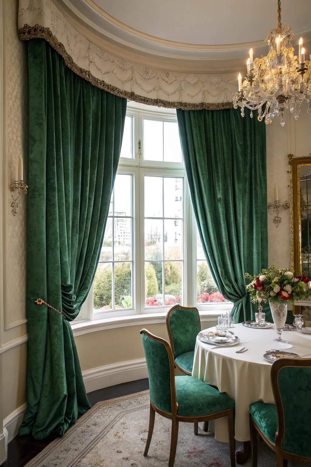 Jewel-toned curtains add a touch of luxury to bay windows.