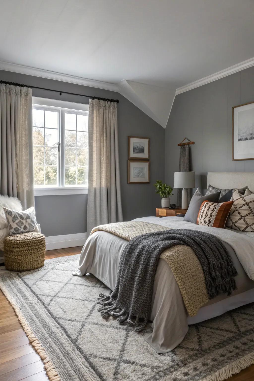 Textured layers bring warmth and depth to gray-walled bedrooms.