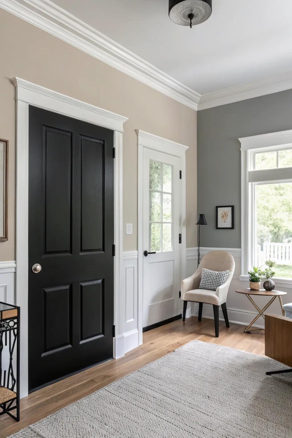 A living space showcasing the dramatic effect of black doors with white trim.