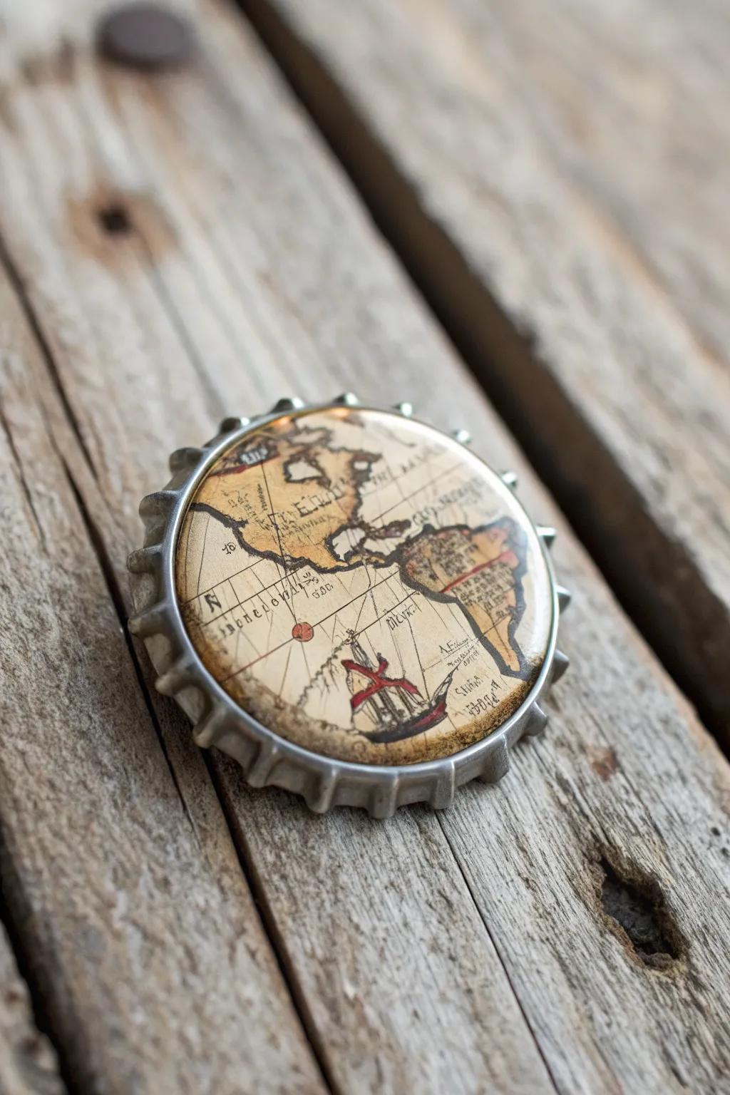 Travel the world with these vintage map bottle cap pins.