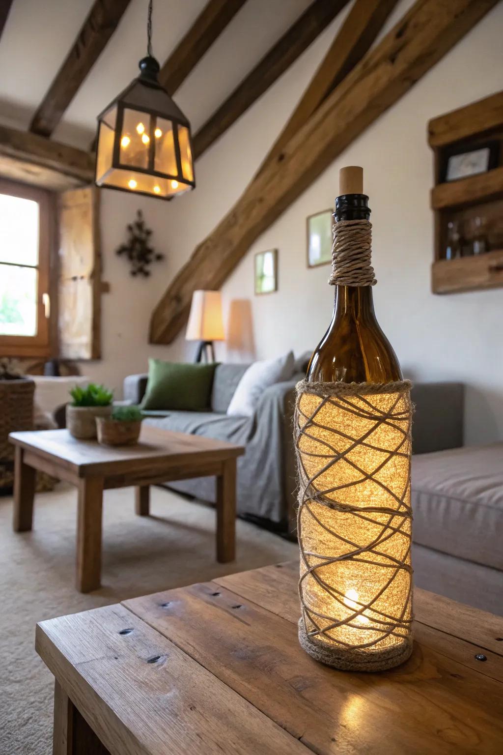 A twine-wrapped wine bottle lamp exuding rustic charm.