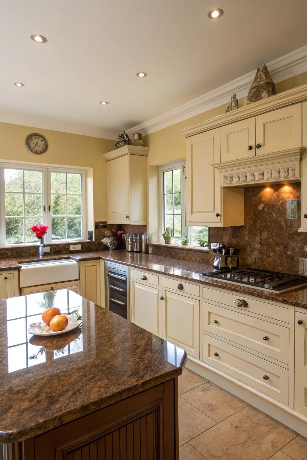 Warm cream walls beautifully highlight the elegance of brown granite countertops.