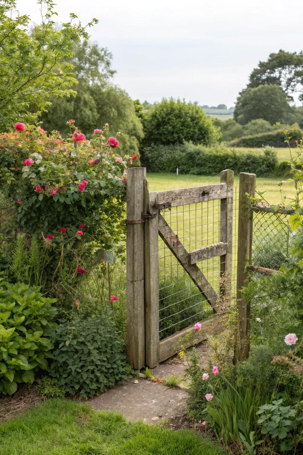 A classic wooden frame paired with wire mesh creates a timeless garden gate.