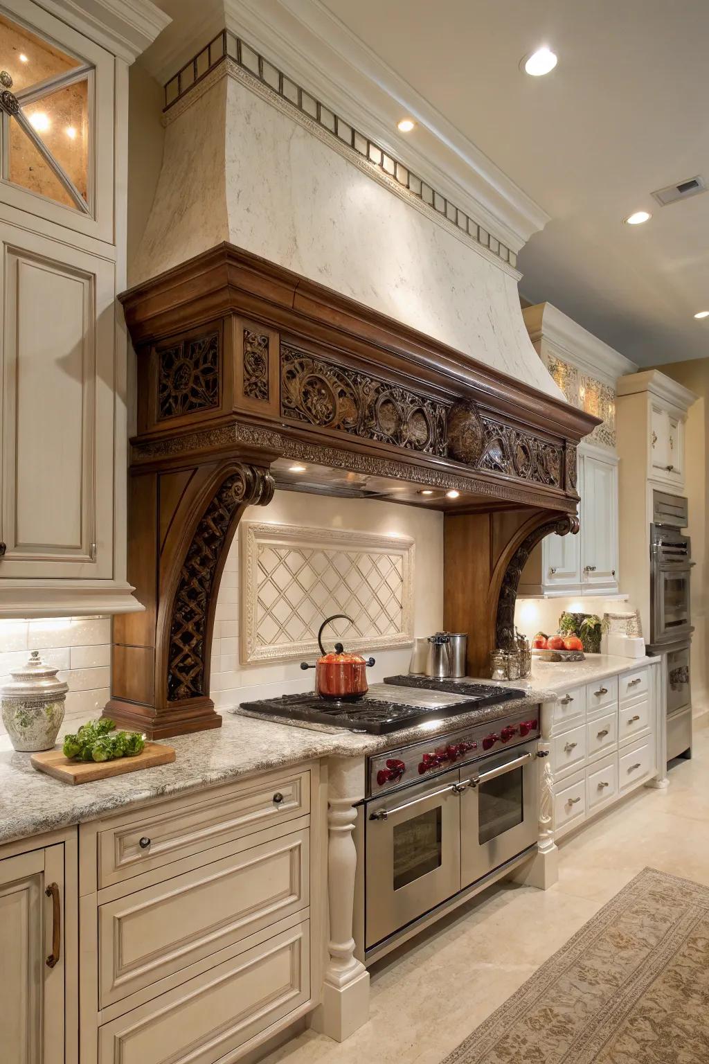 A kitchen with a custom mantel range hood and intricate wood moldings.