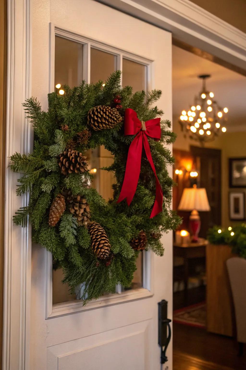 A traditional evergreen wreath with pinecones and a red bow.