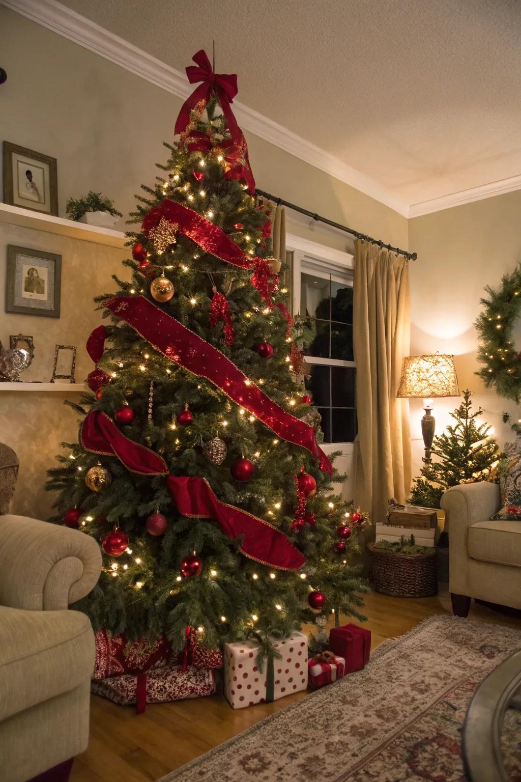 A classic Christmas tree adorned with red velvet ribbons, exuding timeless elegance and charm.