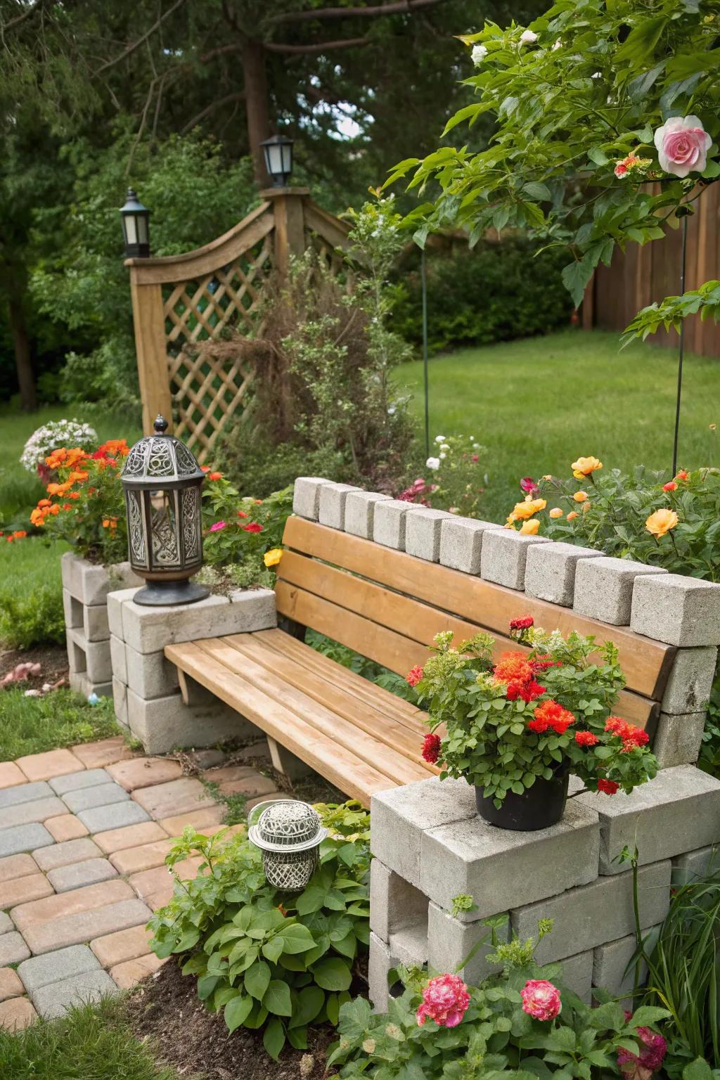 Relax on a DIY cinder block bench in your garden.