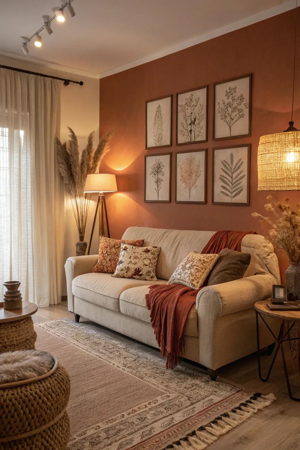 A harmonious blend of rust and beige in a cozy living room setting.