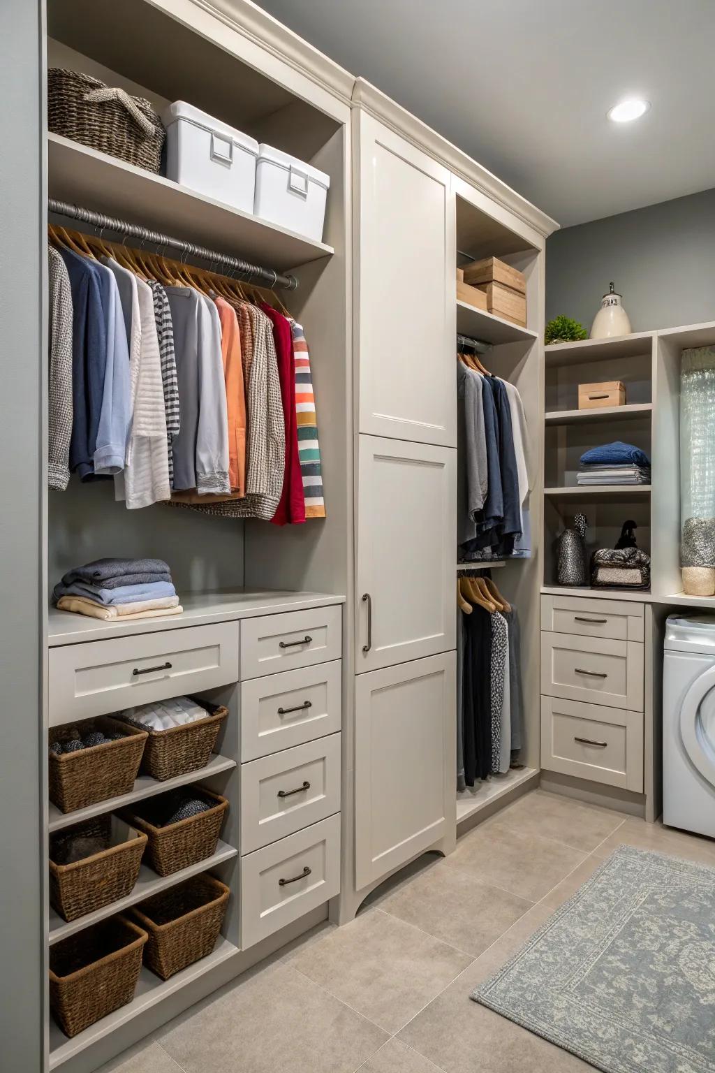 Vertical storage solutions in a master closet and laundry room combo.