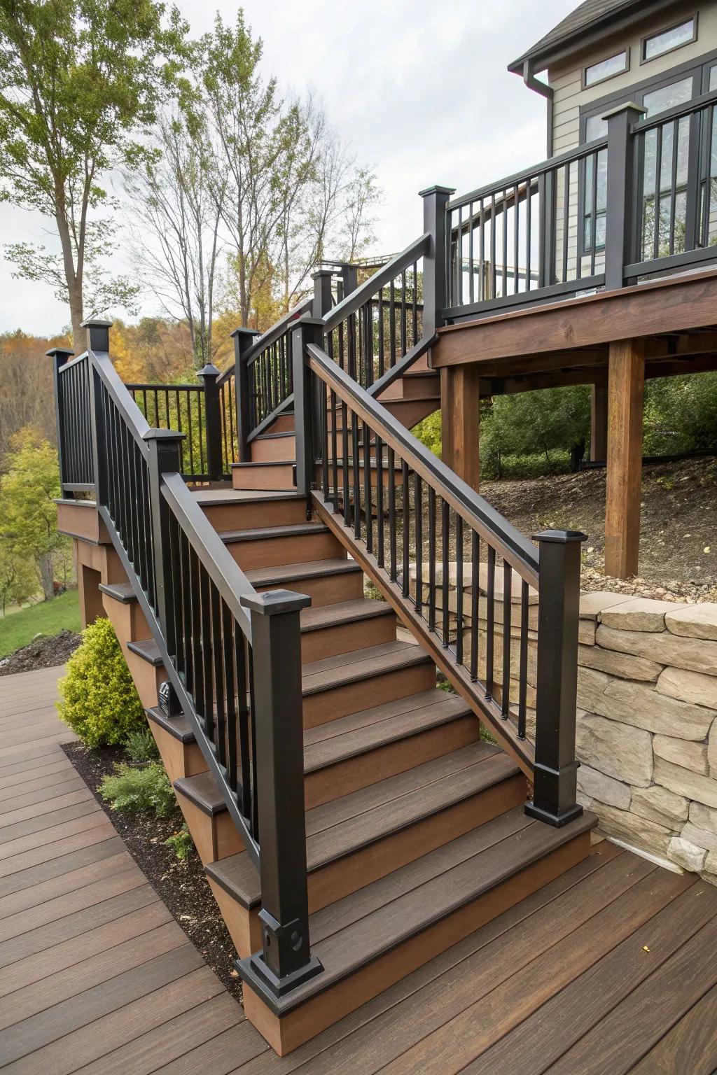 Traditional composite deck stairs with harmonious matching railings.