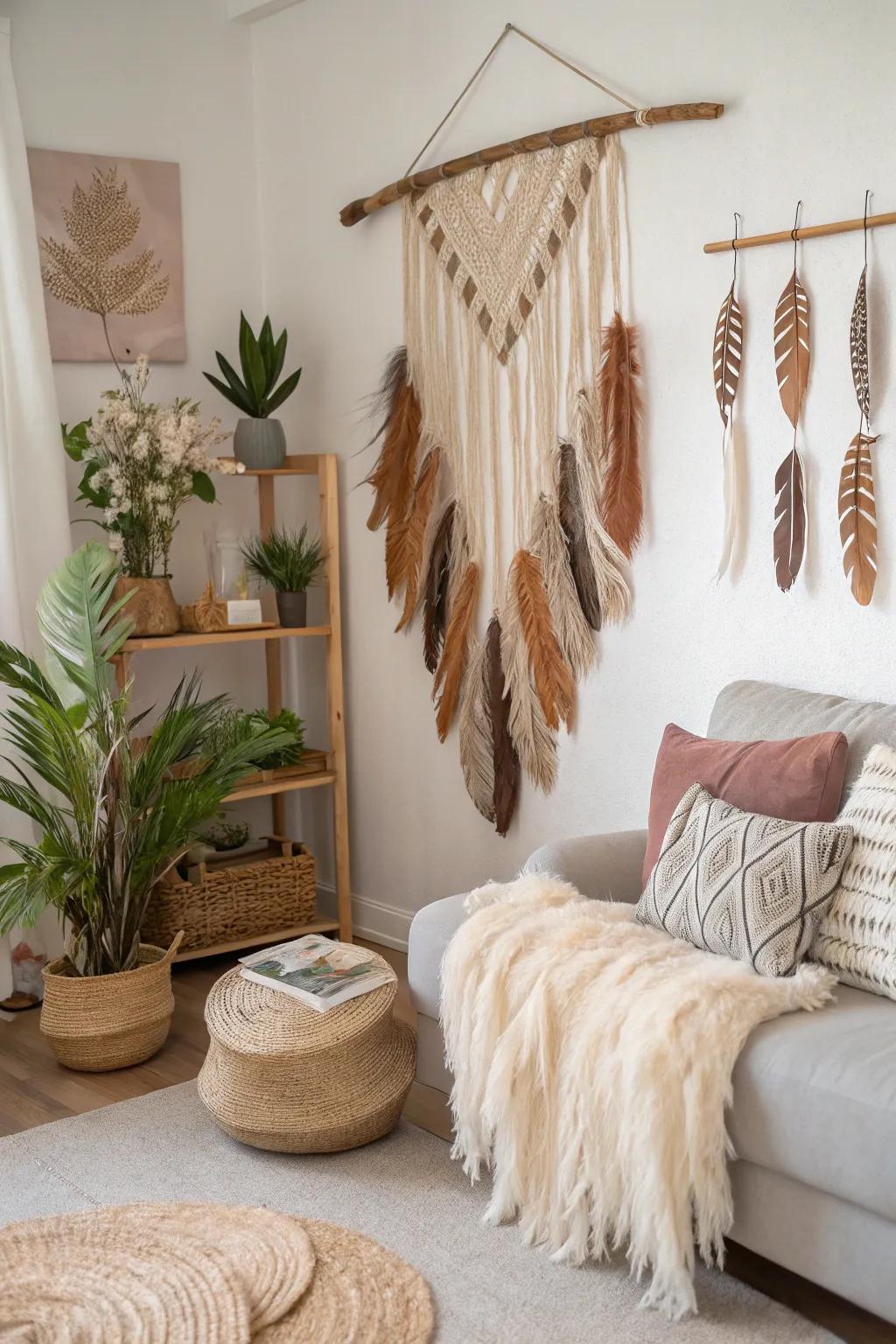 A boho-style feather wall hanging adds charm to a cozy living room.