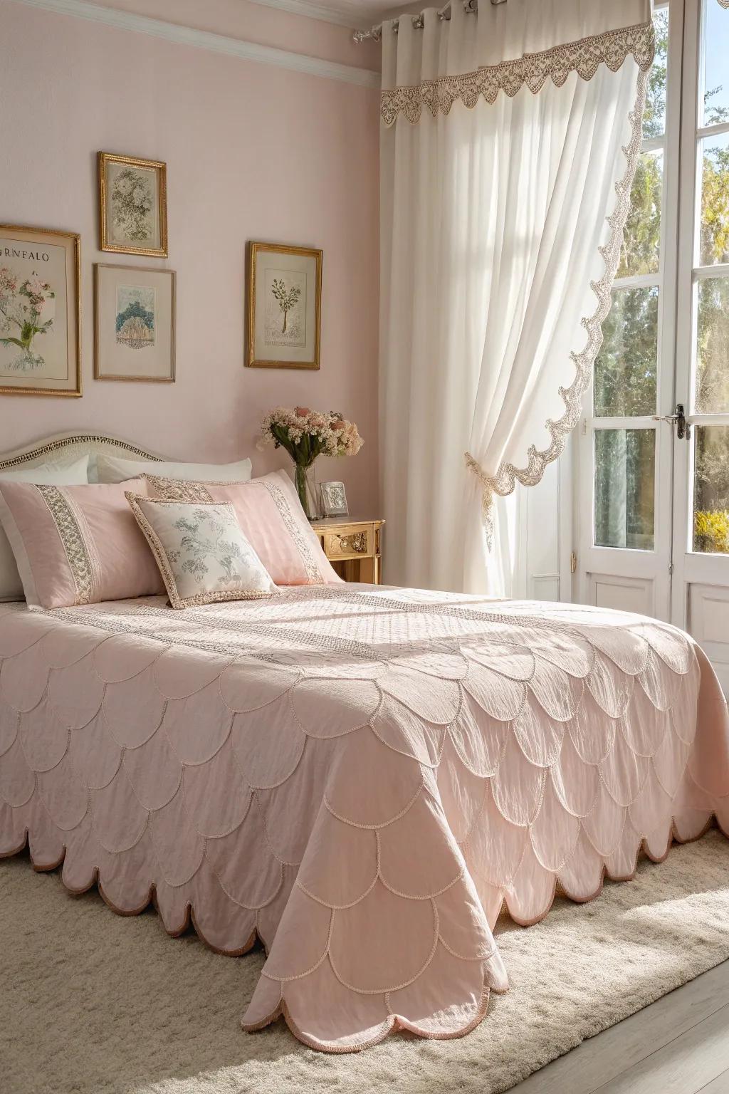 A pastel-colored bedspread with scalloped edges adds a whimsical touch to the bedroom.