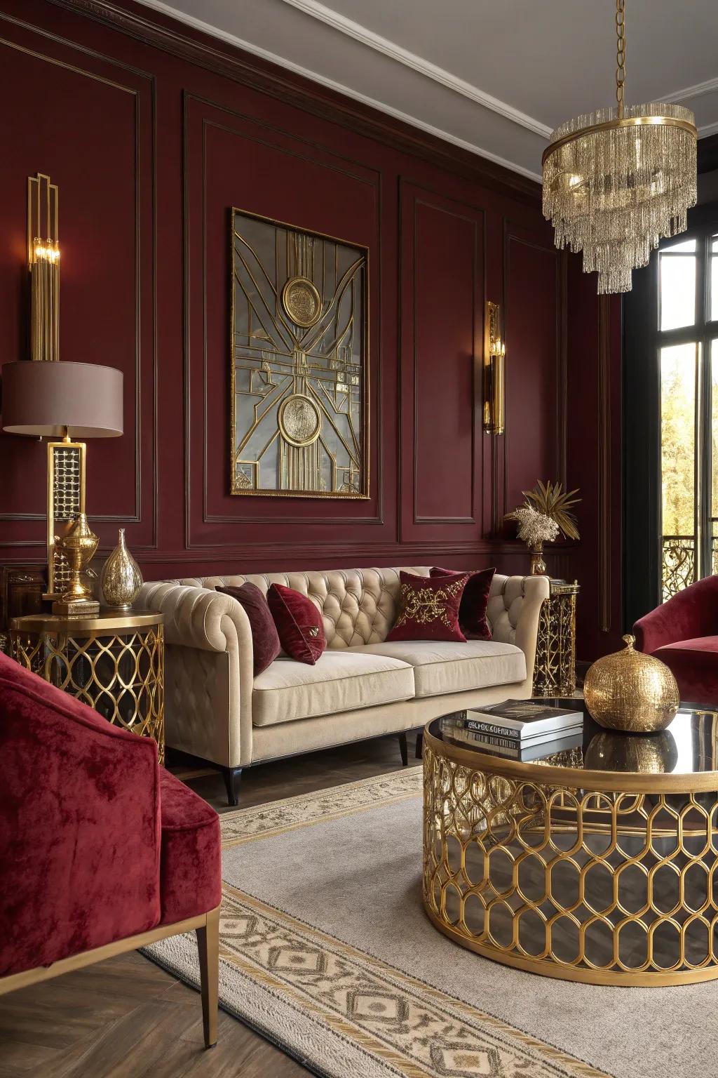 A luxurious living room featuring dark red walls and gold accents.