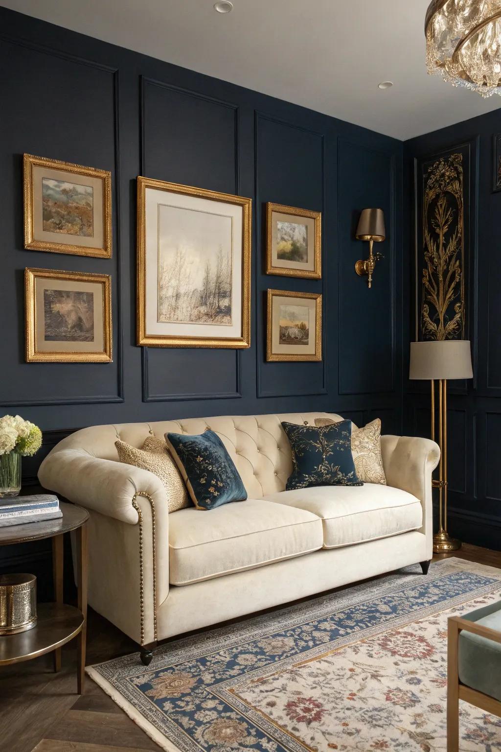 Deep navy walls create a sophisticated atmosphere.