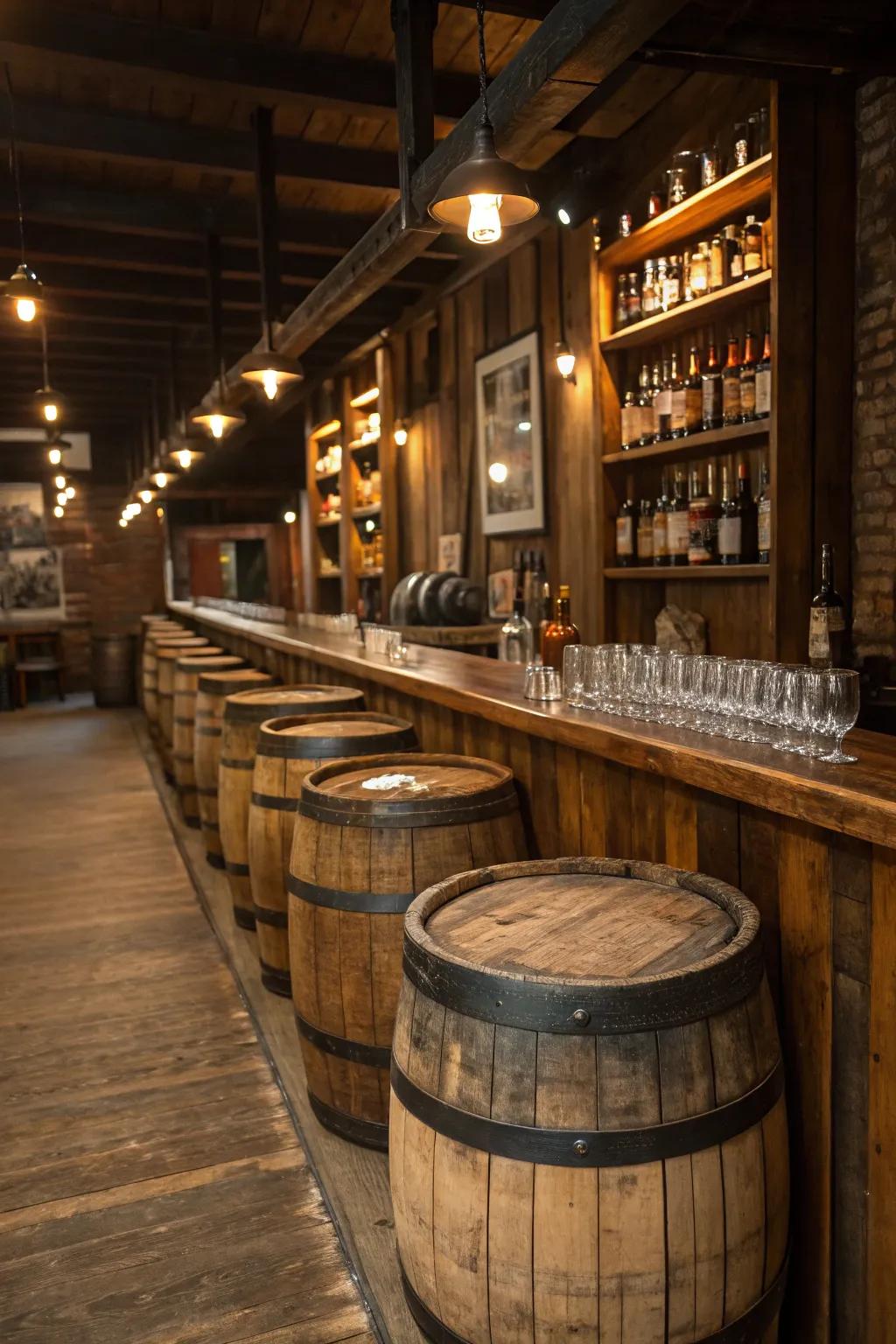 A rustic whiskey bar adds a touch of sophistication to the party.