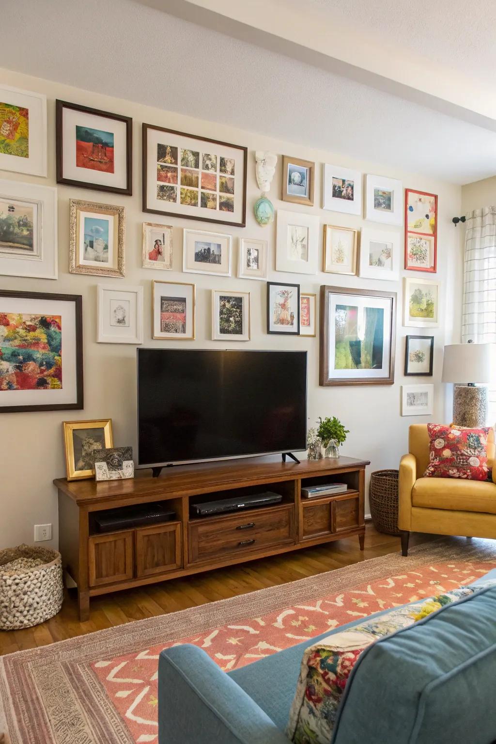 A gallery wall surrounding a TV with a mix of art pieces and photos.