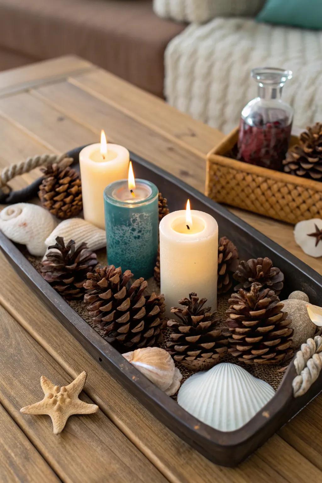 A decorative tray showcasing a beautiful candle arrangement with seasonal fillers.