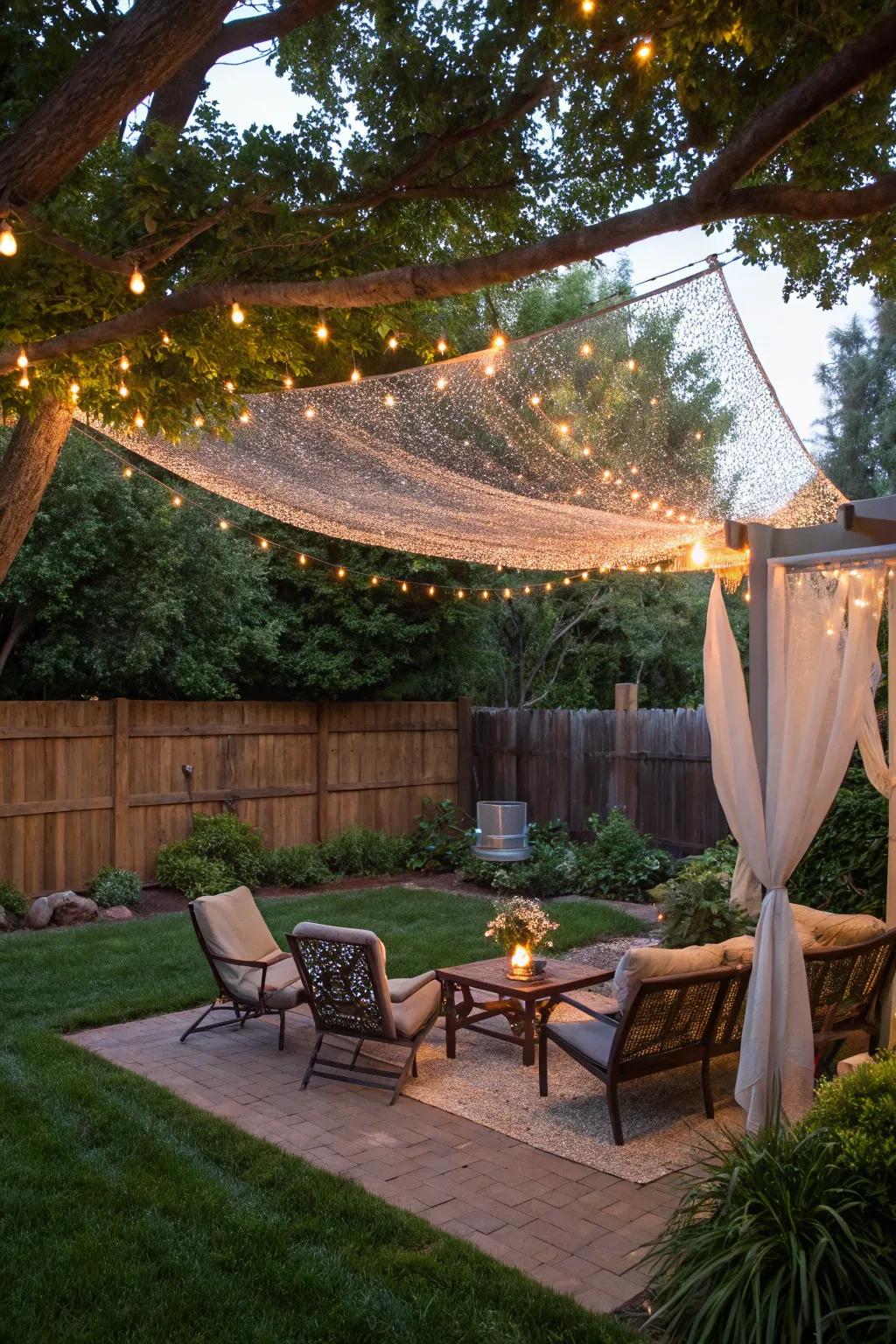 A dreamy canopy of net lights over a garden seating area.