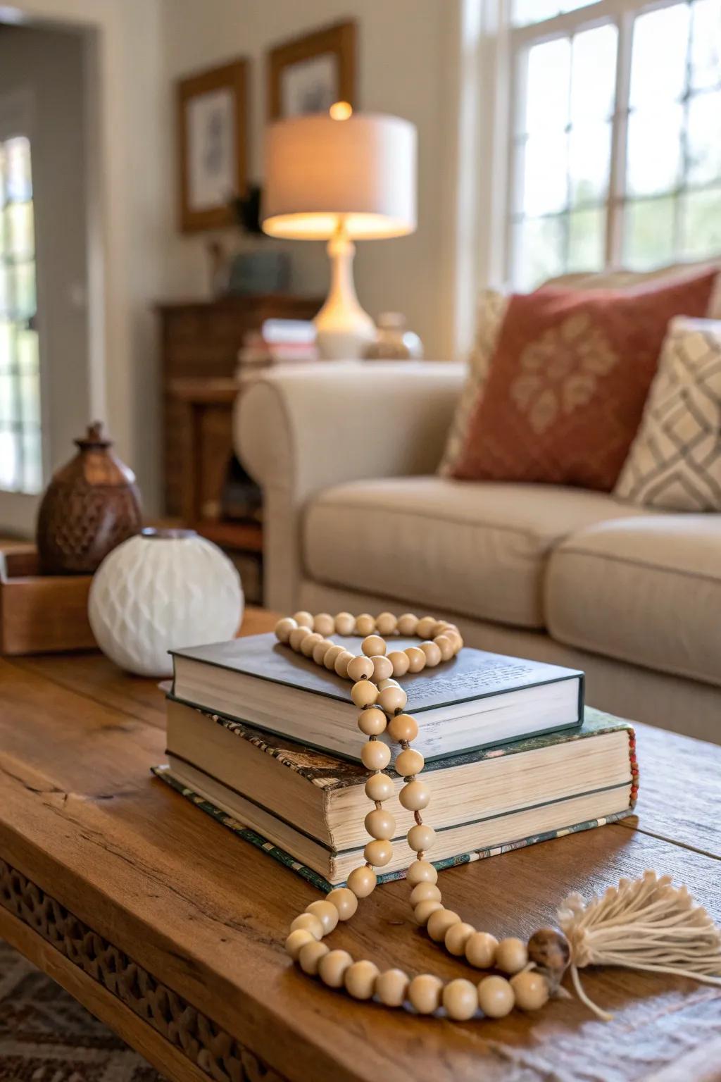 Wooden beads elegantly draped over a stack of books.