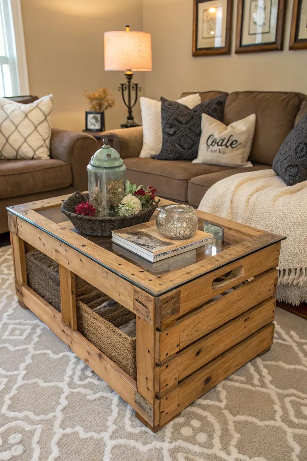 A wooden crate coffee table adds rustic appeal to a modern living room.