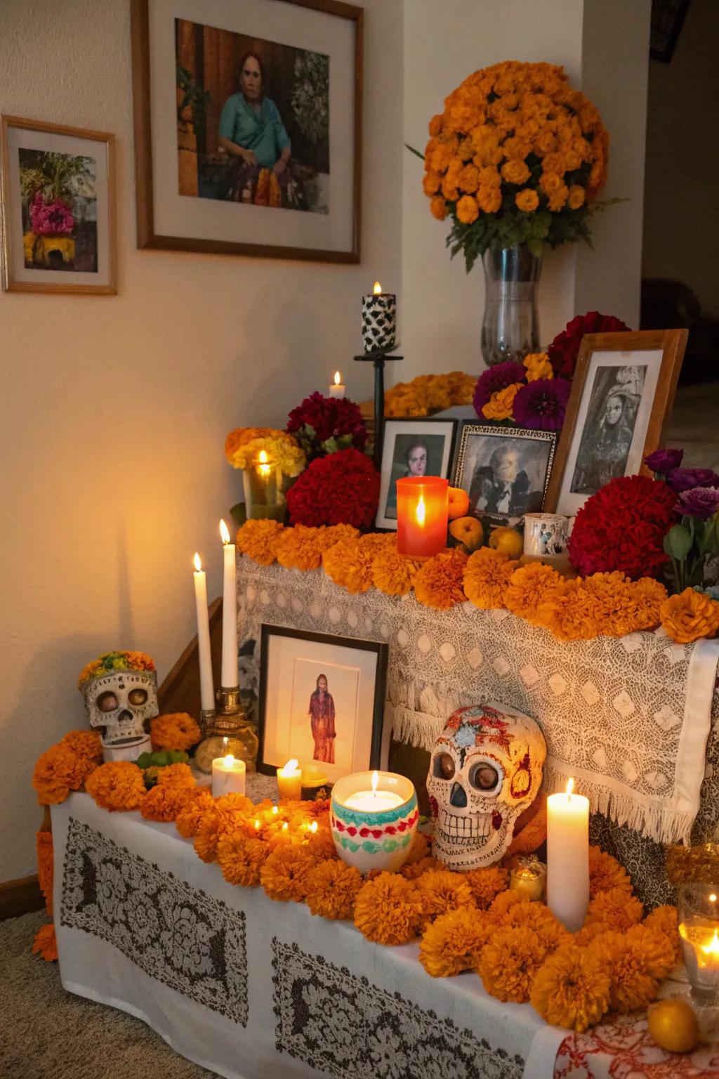 A lovingly crafted ofrenda adorned with flowers and memories.