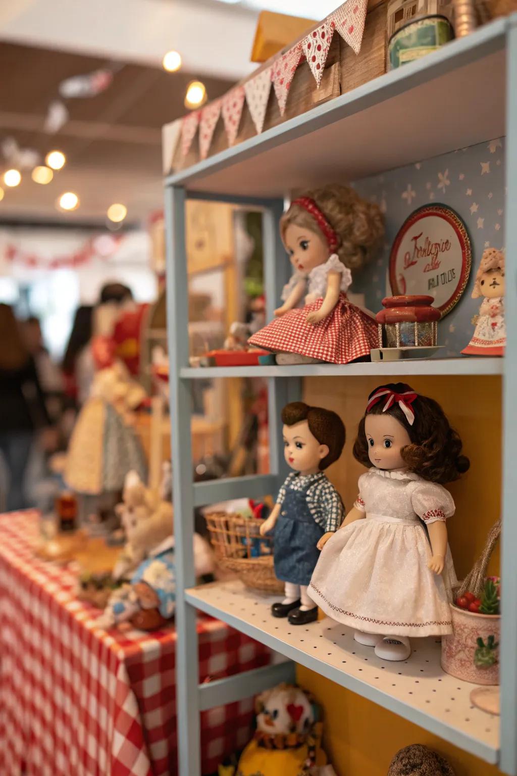 A themed shelf bringing together vintage dolls with retro decor.