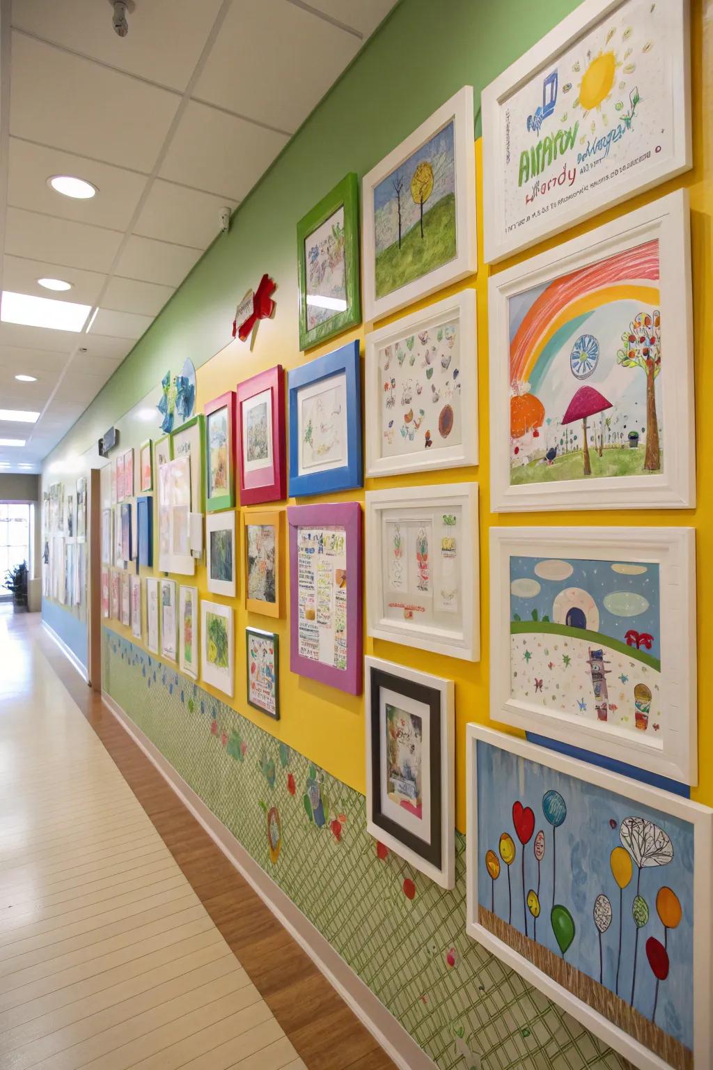 An interchangeable gallery wall featuring various kids' art pieces.