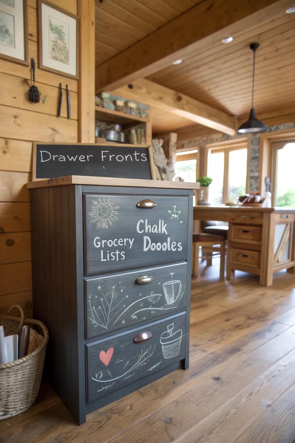 Chalkboard drawer fronts offer a playful and practical twist.