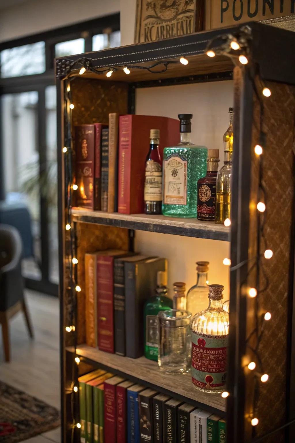 A simple bookshelf becomes a stylish home bar with a few tweaks.