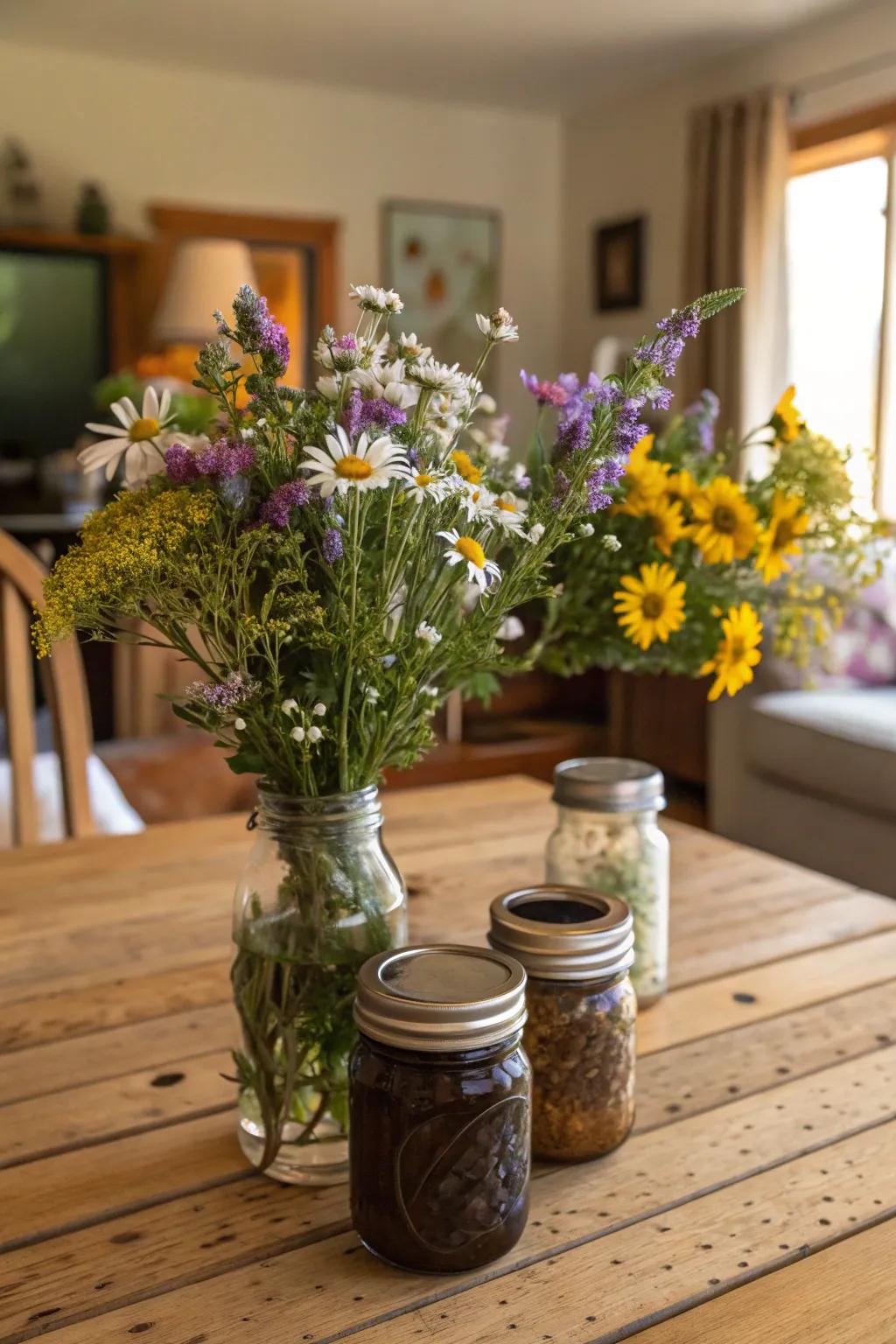 Rustic mason jar bouquets filled with wildflowers for a charming wedding.