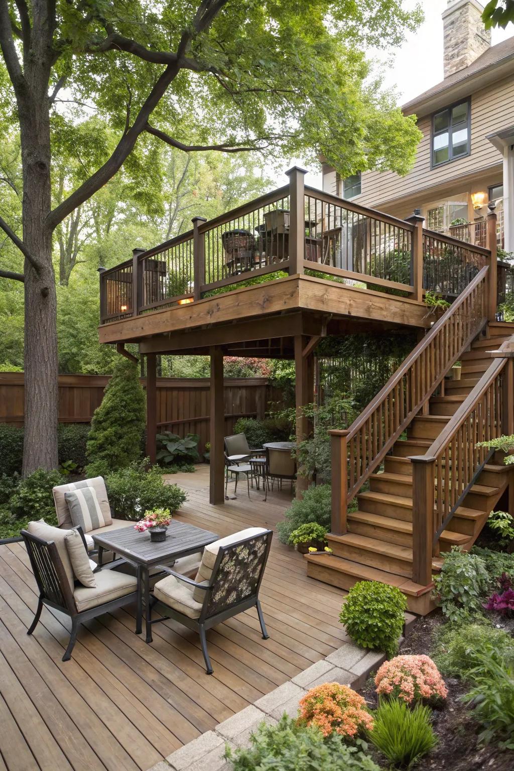 A double decker deck ingeniously designed to make use of a natural slope.